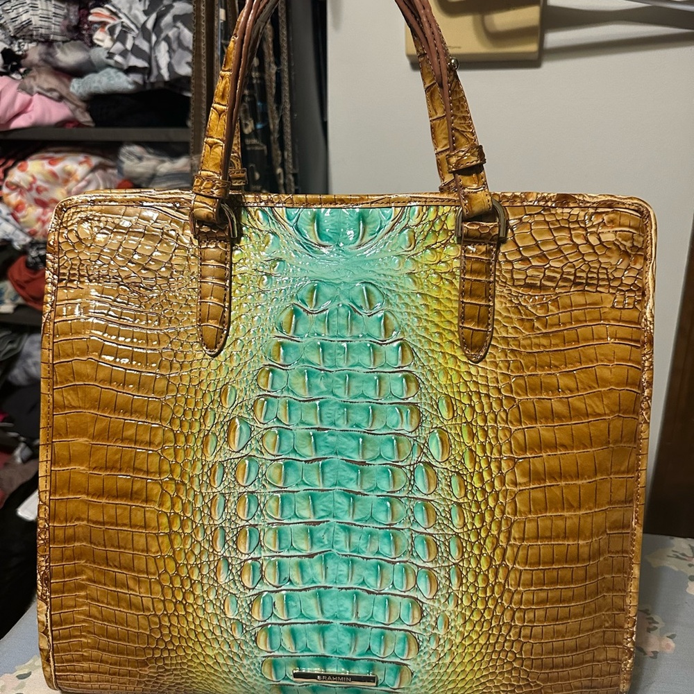 Beautiful Tan and Teal Brahmin Handbag!